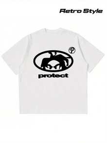 Camiseta Retro Y2K de Estilo Urbano - Estampado Spike Hair & PROTECT, Cuello Redondo, Manga Corta, - Tejido Transpirable Unisex, Uso Casual, Estética Retro Coleccionable (Lavable a Máquina) Estilo 90, - Blanco - Ver 1