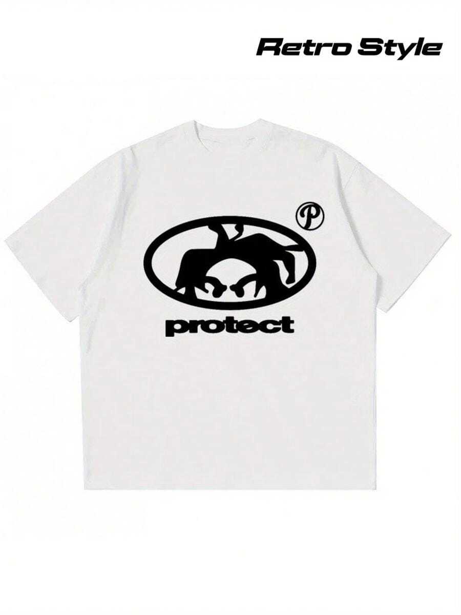 Camiseta Retro Y2K de Estilo Urbano - Estampado Spike Hair & PROTECT, Cuello Redondo, Manga Corta, - Tejido Transpirable Unisex, Uso Casual, Estética Retro Coleccionable (Lavable a Máquina) Estilo 90, - Blanco - Ver 1
