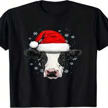 Camiseta exclusiva para el Día de la Independencia/Día del Padre con dise?o de vaca navide?a decorada_ Camiseta de granjero amante de las vacas y animales de granja_ Unisex_ Camiseta estampada de manga corta de verano 2025_ Pure 220g_ Cuello redondo_ Todas las estaciones_ Estilo retro_ Corte regular_ Estampado pintado - Negro - Ver 1