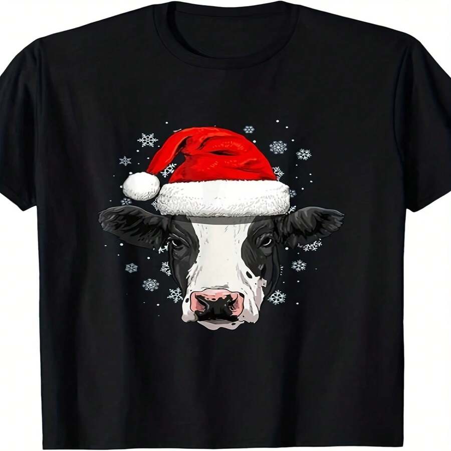 Camiseta exclusiva para el Día de la Independencia/Día del Padre con dise?o de vaca navide?a decorada_ Camiseta de granjero amante de las vacas y animales de granja_ Unisex_ Camiseta estampada de manga corta de verano 2025_ Pure 220g_ Cuello redondo_ Todas las estaciones_ Estilo retro_ Corte regular_ Estampado pintado - Negro - Ver 1