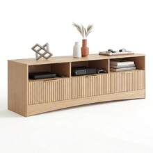 Home TV Stand For 65 Inch TV, Modern Mid Century 59 In Entertainment Center With Storage, Media Console Table 3 Cabinet, Handle Door, Wooden Living Room, Office Furniture - Natural Oak - View 2