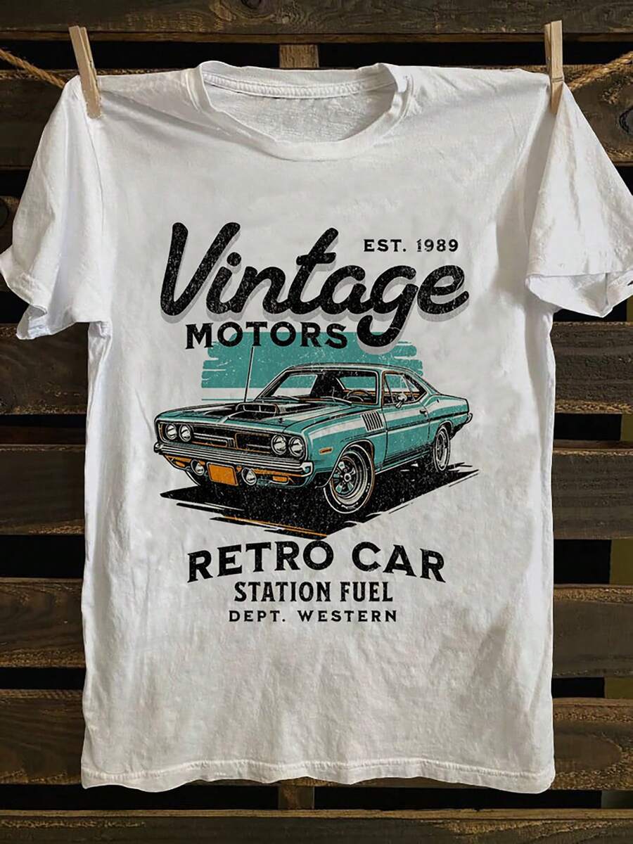-Men's Vintage 80's Retro Car Graphic T-Shirt - 100% Soft And Breathable Cotton, Short Sleeve With 'EST.1973' And ''WESTERN' Design, Casual Summer Top Machine Washable, Regular Fit For Comfort In All Seasons, -Vintage T-Shirt, Comfortable And Slightly Stretchy, Loose And Comfortable. - A the Picture How - View 1