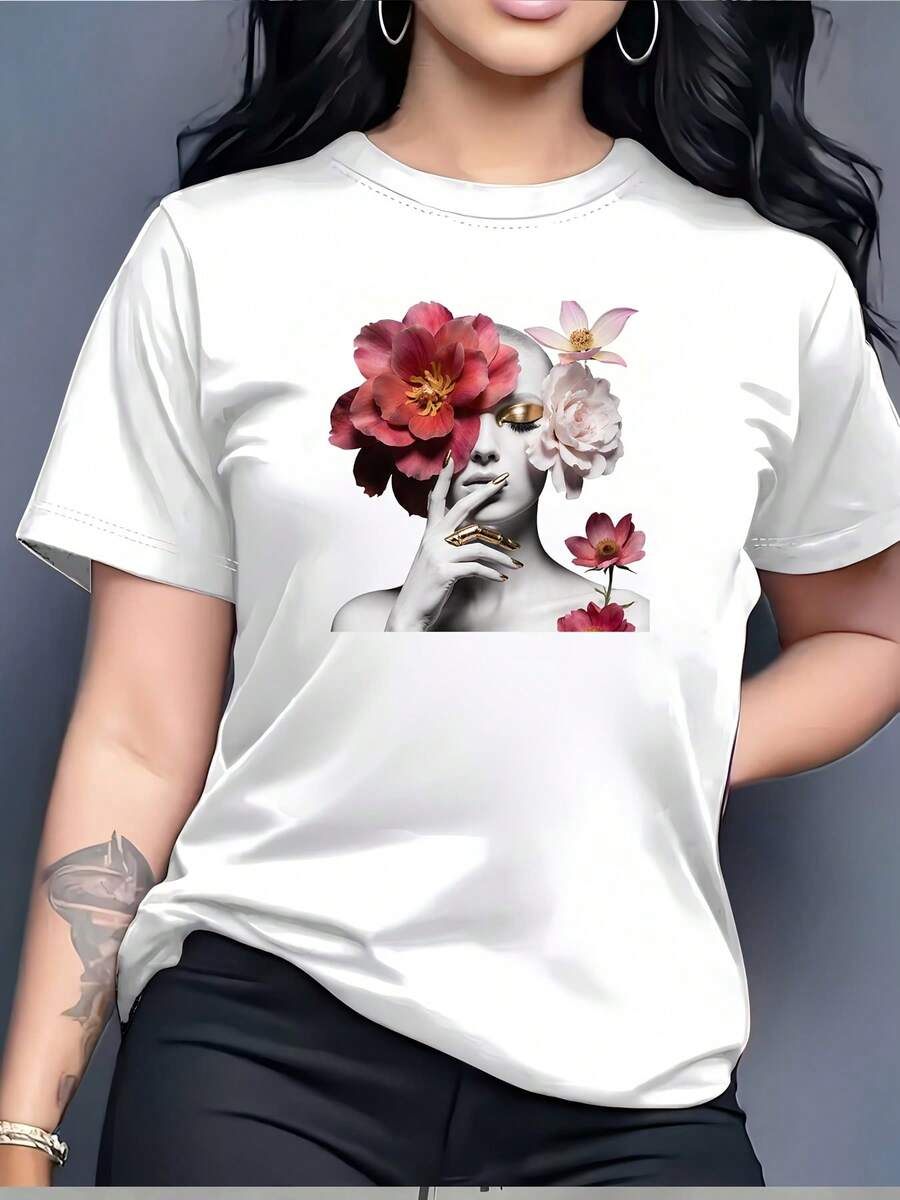 Camiseta blanca de manga corta para mujer - top casual de cuello redondo, con estampado artístico de rostro humano, lavable a máquina, adecuada para salidas familiares, eventos corporativos, el Día de la Independencia y uso diario, una camiseta de cuello no redondo apta para todas las estaciones. - Blanco - Ver 1