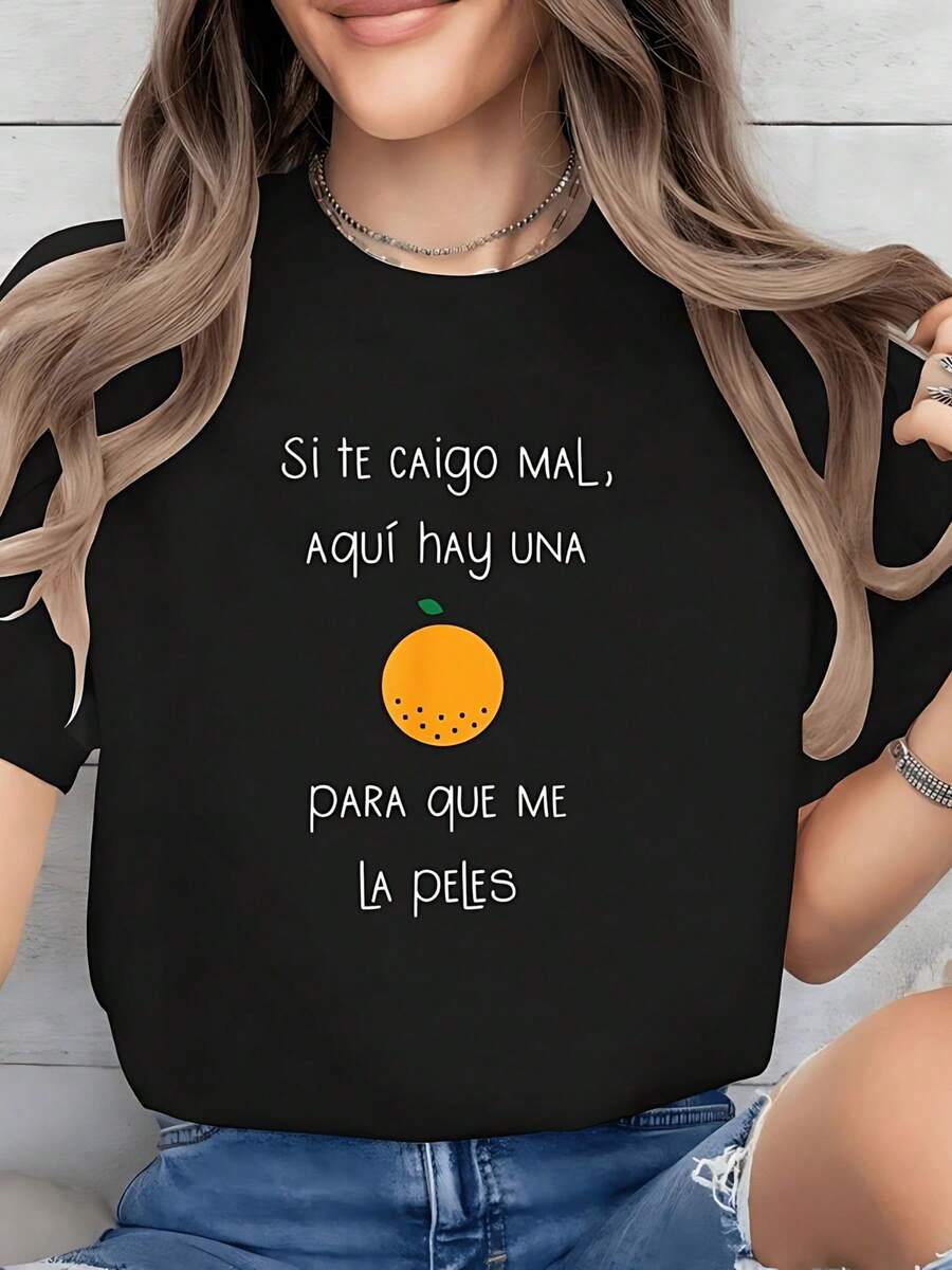 Camiseta gráfica divertida para mujer con frase en español y estampado naranja. suave y transpirable. Top informal de manga corta para uso diario y ocasiones divertidas. - Negro - Ver 1