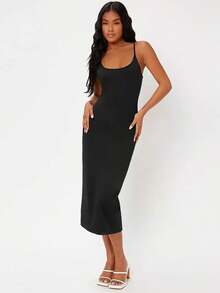BASICS Vestido casual de cóctel ceñido de tirantes lisos para cena y citas - Negro - Ver 3