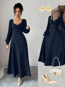 YHHElenzga Vestido largo elegante de mujer con cuello cuadrado, mangas abultadas y cintura ceñida, adecuado para el uso diarioYHH - Azul marino - Ver 12