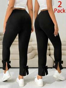 Pantalones casuales ajustados de color negro con decoración de moño y abertura lateral para mujer de talla grande, para verano, otoño, lindos, vacaciones en la playa, estilo occidental, concierto de música country, escuela, brunch - Negro 2 - Ver 7