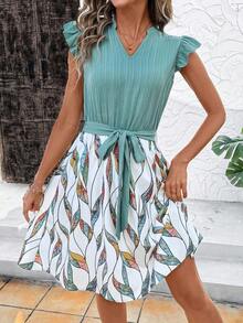 Vestido con estampado gráfico, cuello con muesca, volantes, cinturón, lunares, vestidos para mujer, vestidos casuales de primavera, vestidos de picnic, vestidos de verano, vestidos de primavera, vestidos de festival, vestidos de Pascua, vestid - Multicolor 3 - Ver 4
