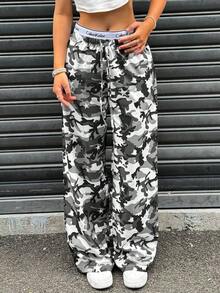 Pantalones anchos de mujer con estampado de camuflaje y cordón a la cintura, de uso casual - Gris - Ver 1
