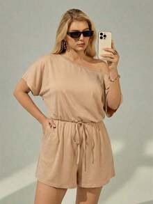 Mono de talla grande para mujer, ropa de verano, shorts, hombros descubiertos y graciosos, conjunto de verano para mujer, atuendo de rave de festival, conjunto de verano para vacaciones de mujer, mono casual de mujer - Caqui - Ver 4