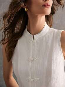 de mujer de estilo chino casual de verano con cuello de cheongsam, botones y textura de unicolor - Blanco 2 - Ver 5