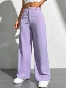 Pantalones holgados y casuales de pierna ancha con bolsillo, unicolor para mujeres - Morado - Ver 4