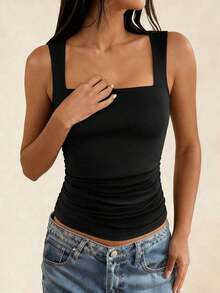 Camiseta sin mangas ajustada de unicolor con cuello cuadrado para mujer , Chaleco de unicolor minimalista y retro, Camiseta de punto sin espalda de moda de verano, Versátil y casual, Adecuado para el trabajo y el transporte - Negro - Ver 8