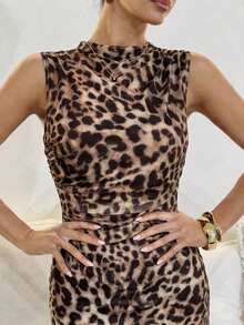 Vestido midi de Body con estampado abstracto rojo sin mangas, adecuado para el verano - Caqui - Ver 4