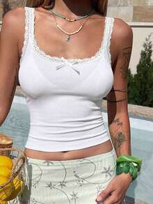 Camiseta sin mangas de mujer con encaje, parches y lazo, ajuste ceñido, casual y sexy - Blanco 2 - Ver 8