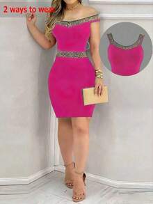 Vestido negro elegante y ceñido para mujer - Halter sin mangas con tela de lentejuelas en la espalda, perfecto para actividades de verano, mezcla de poliéster lavable a máquina, vestido ajustado, adecuado para citas nocturnas diarias, fiestas, fiestas de solteros - Rosa Fucsia - Ver 2