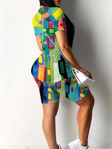 Plus Size Womens Short Sleeve T Shirt Shorts Suit Colorful Geometric Abstract Pattern 2026 Summer New Style Casual Wear 3D Printing Perfect For Beach Outings And Daily Activities Soft Comfortable Fabric - Nhiều màu - Xem 3