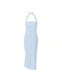 Vestido elegante de mujer de unicolor con espalda descubierta, ajustado y de longitud media, sexy para fiesta, vacaciones, días festivos, cena formal, San Valentín, primavera/verano en color rojo - Celeste - Ver 5