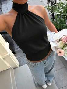 Top de punto con cuello de halter color albaricoque para mujer - Negro - Ver 8