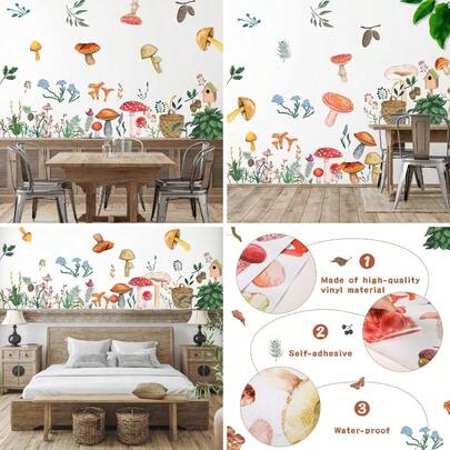 2 Sheets Watercolor Mushroom Wall Decals XL Mushroom Decals Walls Peel And Stick Removable Wall Art Decor Vinyl Wall Sticker Bedroom Living Room Classroom Office (Style)
