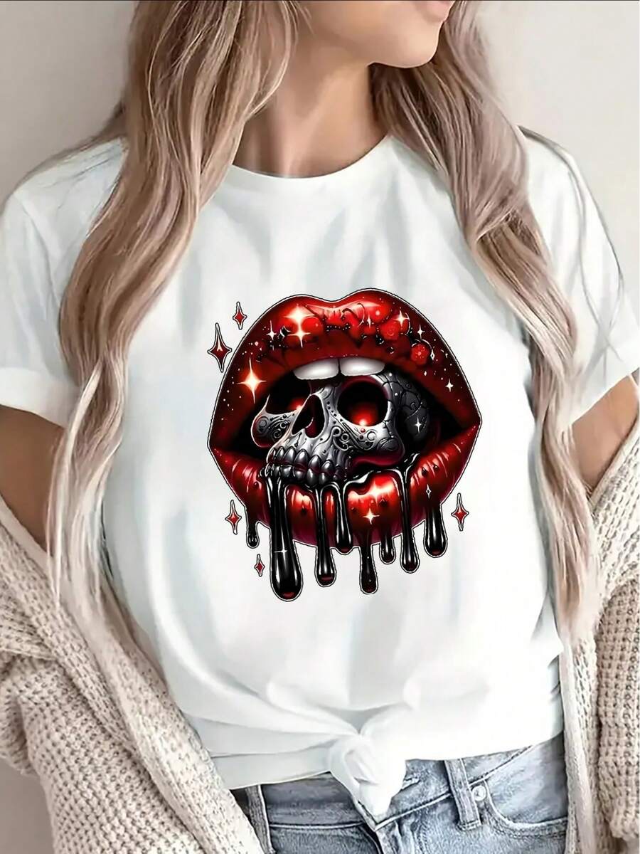 Camiseta negra ligera y duradera para mujer, con estampado de labios, es perfecta para ocasiones informales, fiestas, conciertos o uso diario, mostrando un diseño brillante y llamativo. - Blanco - Ver 1