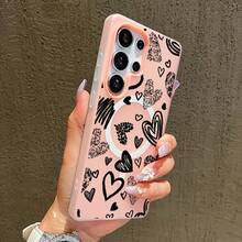 Funda para teléfono: Funda adecuada para Samsung Galaxy S23 S23plus S24  S24Ultra S25 S25Plus S25Ultra S26 S26Ultra S26Plus, a prueba de golpes, con tacto suave, multicolor, con absorción magnética, regalo para la familia, diseño sencillo en blanco y negro con patrón de corazón. - Rosa - Ver 13