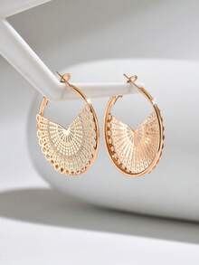 1 Đôi bông tai kim loại rỗng tròn, kiểu dáng retro thời trang, đa năng dành cho nữ, thích hợp để đeo hàng ngày. - Vàng - E1666 - Xem 3