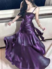 Vestido de fiesta con volantes en el bajo en color borgoña, conjunto brillante rojo para conciertos, vestido formal elegante de tirantes finos para dama de honor, cumpleaños, graduación, ropa de verano y primavera para bodas - Morado - Ver 8