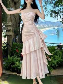 Vestido de fiesta con volantes en el bajo en color borgoña, conjunto brillante rojo para conciertos, vestido formal elegante de tirantes finos para dama de honor, cumpleaños, graduación, ropa de verano y primavera para bodas - Rosa Pálido - Ver 4