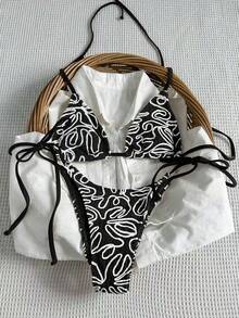 Nuevo traje de baño con tela floral, bikini sexy con lazo, traje de baño de dos piezas fresco y elegante para mujer. - Negro - Ver 10