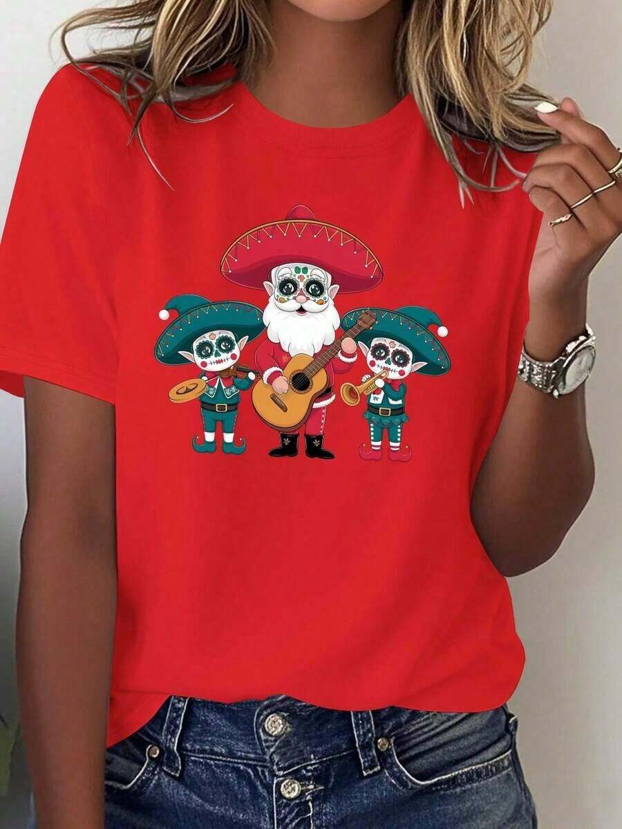 Women's Loose Lightweight Graphic Print T-Shirts - Mexican Mariachi Band Design - Bright Red Day Of The Dead Design With Skull And Maracas Motifs - 100% Casual And Comfortable Style, Suitable For Theme Parties, Festivals, And Everyday Wear - Mexican Cultural Clothing, Printed With Sombrero And Guitar Motifs - Machine Washable, Suitable For All Seasons - Festive Mariachi Band Theme - Loose Fit For All-Day Wear - Perfect For Traditional Mexican Events - 100% Cotton, A Popular Choice. Women's Basic Cotton Crew Neck T-Shirt - 紅色的 - 查看 1