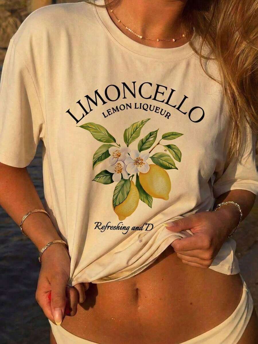 Camiseta de manga corta para mujer con estampado de licor de limón Limoncello, diseño floral frutal de verano, top casual, corte holgado, adelgazante, cómoda, transpirable, estilo retro americano informal para vacaciones, camiseta para mujer, perfecta para vacaciones en la playa/salidas de verano/reuniones de chicas/desplazamientos diarios/festivales de música/ropa de verano. Adecuada como regalo. playera de mujer. blusas>elegantes. boho chic,Top de mujer suave, transpirable y cómodo, ideal para primavera, verano y otoño, perfecto para vacaciones, viajes y uso diario. - Blanco - Ver 1