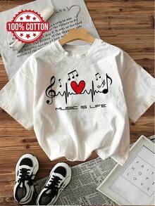 Casual Short Sleeve Crew Neck T-Shirt With "Music Is Life" Print, 100% Cotton, Suitable For Summer And Spring, Women's Clothing, Women's Winter Clothing - 白色 - 查看 1