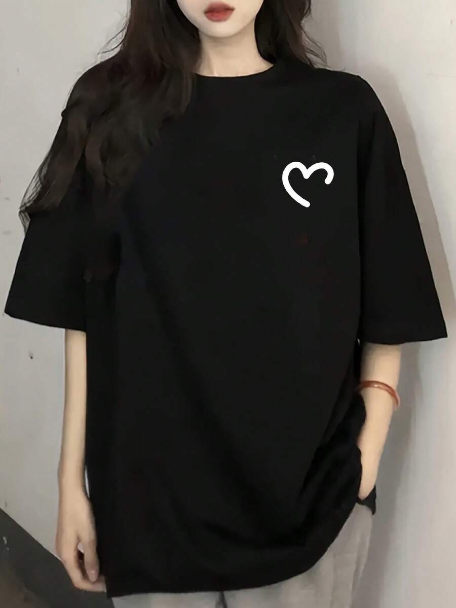 Women's Custom Short-Sleeve T-Shirt, Summer Design, Slim Fit, Cartoon Print, Pure Cotton Short-Sleeve Top, Basic Tee. #3333-Unisex Urban Vintage Style Loose Fit Cotton Short Sleeve Crew Neck T-Shirt - 黑色 - 查看 1