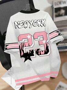 Women's Loose-Fitting T-Shirt With A Minimalist And Casual Number 23 Print - 粉色 - 查看 2