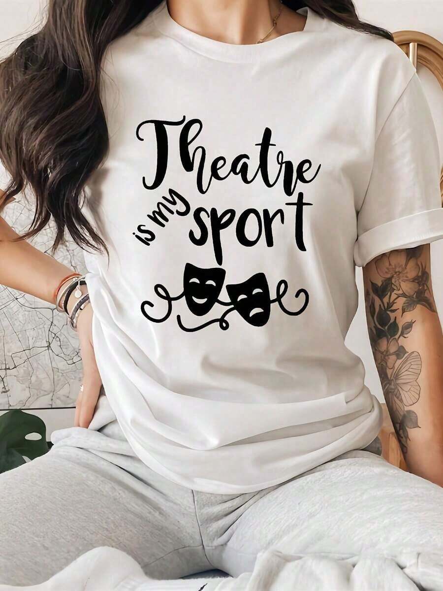Women's Casual Sports T-Shirt With The Slogan "The Theater Is My Sport", Short Sleeve Casual Sports T-Shirt With Round Neck, Spring/Summer Fashion Top - Unisex Vintage Urban Style, Loose Fit Cotton Short Sleeve T-Shirt With Round Neck. - 白色 - 查看 1