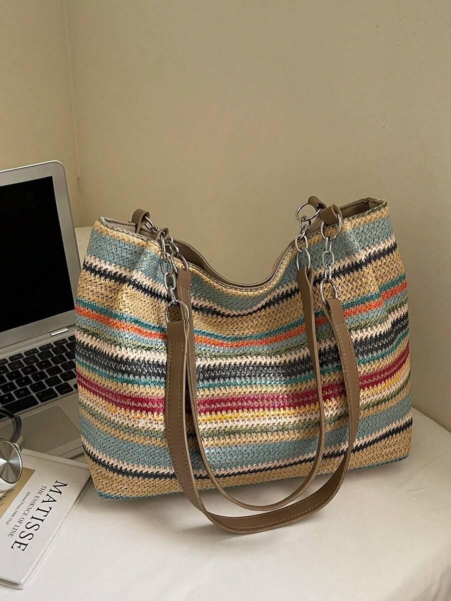 Bolso Tote de Gran Capacidad Moda Casual con Rayas Coloridas