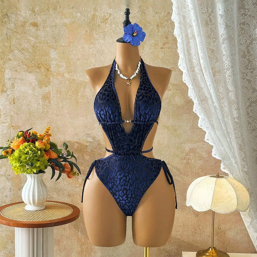 Bañador Sexy para Mujer 2026, Estampado de Leopardo con Diseño Cut-Out y Cordones, Estilo Playa - z26013 Azul - Ver 1