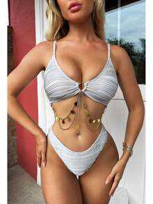 Nuevo traje de baño de dos piezas de tela plisada con bikini de detalle de cadena sexy. - Gris - Ver 12