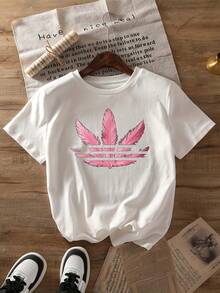 Camiseta estampada rosa, de manga corta y cuello redondo, estilo casual, adecuada para primavera y verano, ropa de mujer. - Blanco - Ver 8