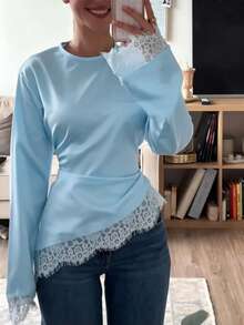 New Lace Patchwork Long Sleeve T-Shirt, Suitable For Dates, Vacations, And Everyday Wear In Spring/Summer - Light Blue - View 14