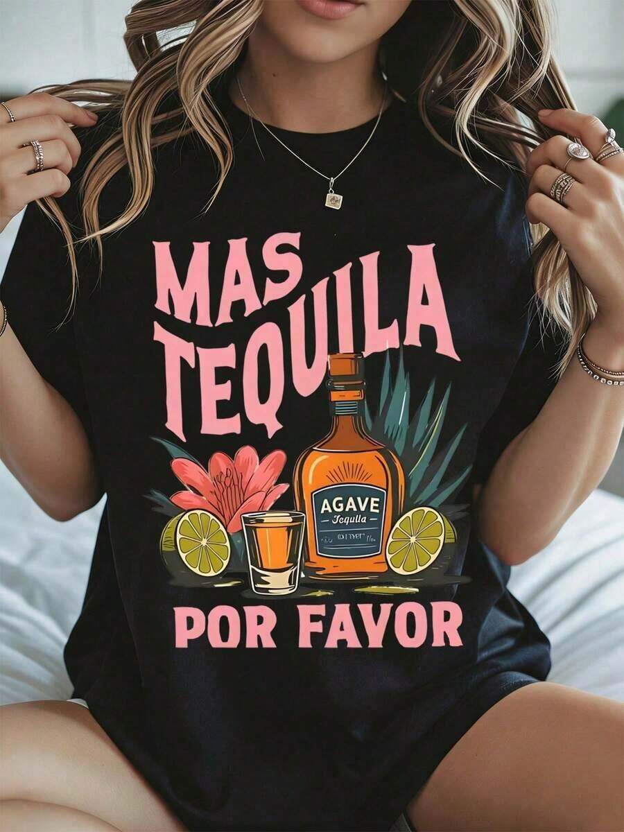 Elegante y casual mujer manga corta,Women T Shirt Cinco De Mayo Mas Tequila Por Favor Bottle And Flower Print Black Casual Party Wear Summer - Negro - Ver 1