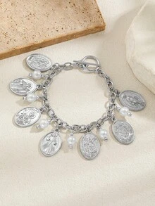 1 pièce Bracelet pendentif avec plaque à nom style vintage en faux perles, accessoire de mode à thème religieux avec fermoir OT, convient pour un port quotidien et en cadeau - Multicolore - Voir 2