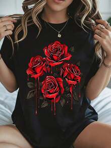 Elegante y casual para mujer, manga corta, camiseta con estampado de rosas para el Día de San Valentín, diseño de rosas rojas, color blanco, ropa casual para primavera y verano. - Negro - Ver 8