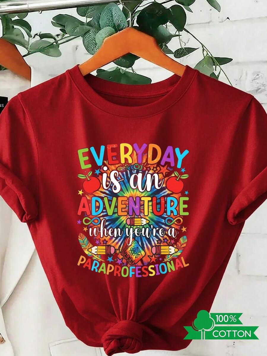 Camiseta de Cuello Redondo para Mujer con Estampado de Letras de Anime, Estilo Vintage y a la Moda, Diseño Sencillo, Cómoda y Transpirable, Adecuada para Uso Diario Casual y Versátil, que Muestra un Estilo Natural y Elegante, Imprescindible para Fiestas de Verano, Envío Local. Camiseta de Algodón, Ropa Casual. - Rojo - Ver 1