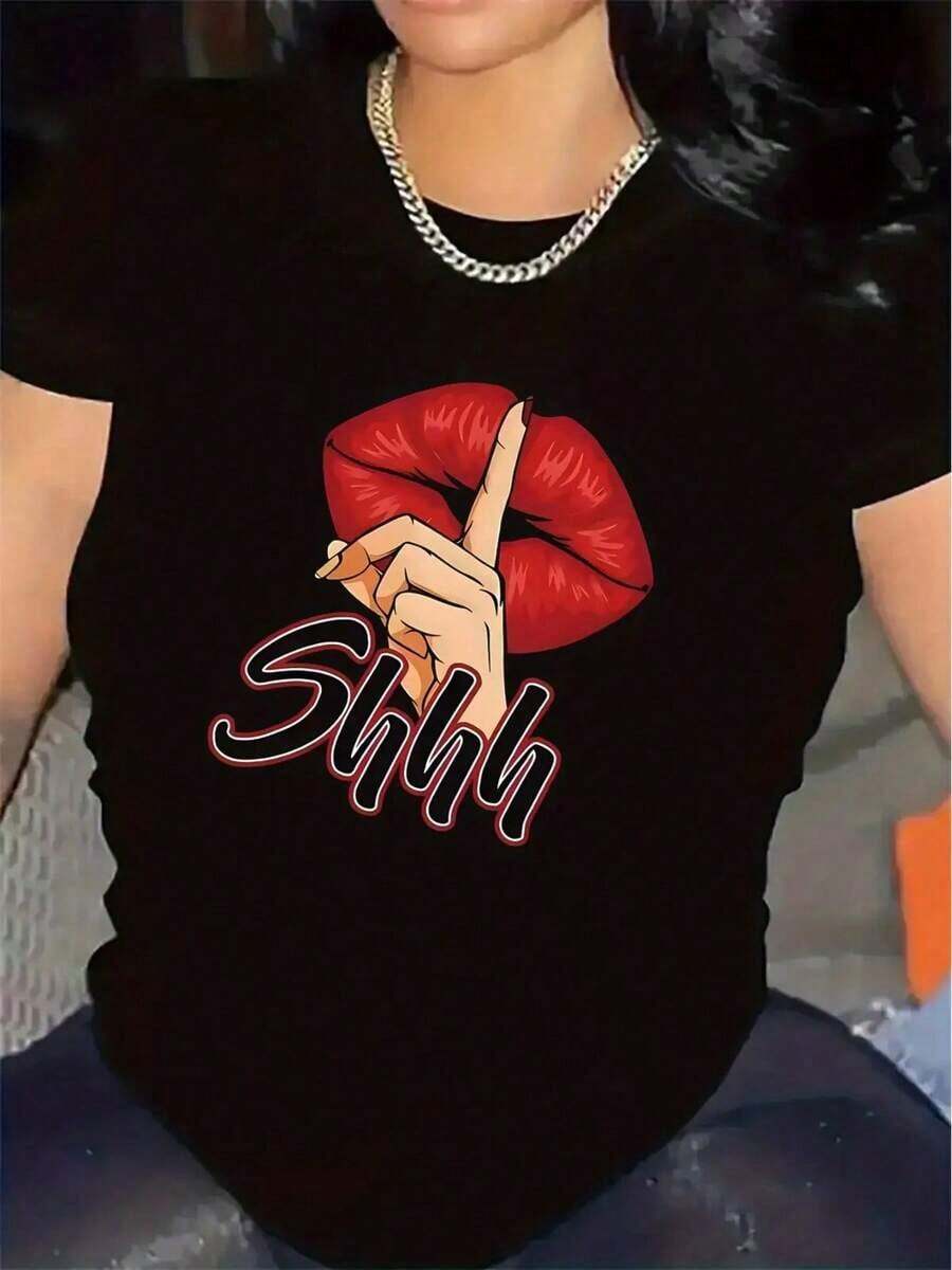 Polyester Short-Sleeved T-Shirt, Suitable For Restaurants, With A Red Lips Design, Bright Colors, Durable And Comfortable To Wear, Ideal For Casual Dining Occasions, Made Of A Soft, Stylish, And Lightweight Fabric, Suitable For Everyday Wear. Cotton T-Shirt, Ideal Gift. - 黑色 - 查看 1
