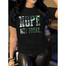 Women's Casual Short Sleeve T-Shirt With "NOPE NOT TODAY" Letter Print - Black With Green And White Typography, Loose Fit, Round Neck, Medium Elasticity Summer Top, Machine Washable, Women's T-Shirts, Casual Wear, Contrast Color Design - 黑色 - 查看 7