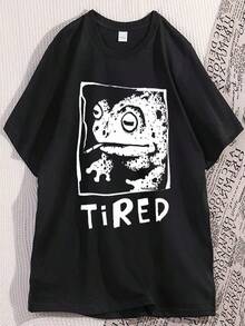 Camiseta divertida y con estampado de ranas cansadas para hombre y mujer, camiseta informal de manga corta de algodón puro estampado, cuello redondo estilo urbano, camiseta gráfica, ropa. - Negro - Ver 1