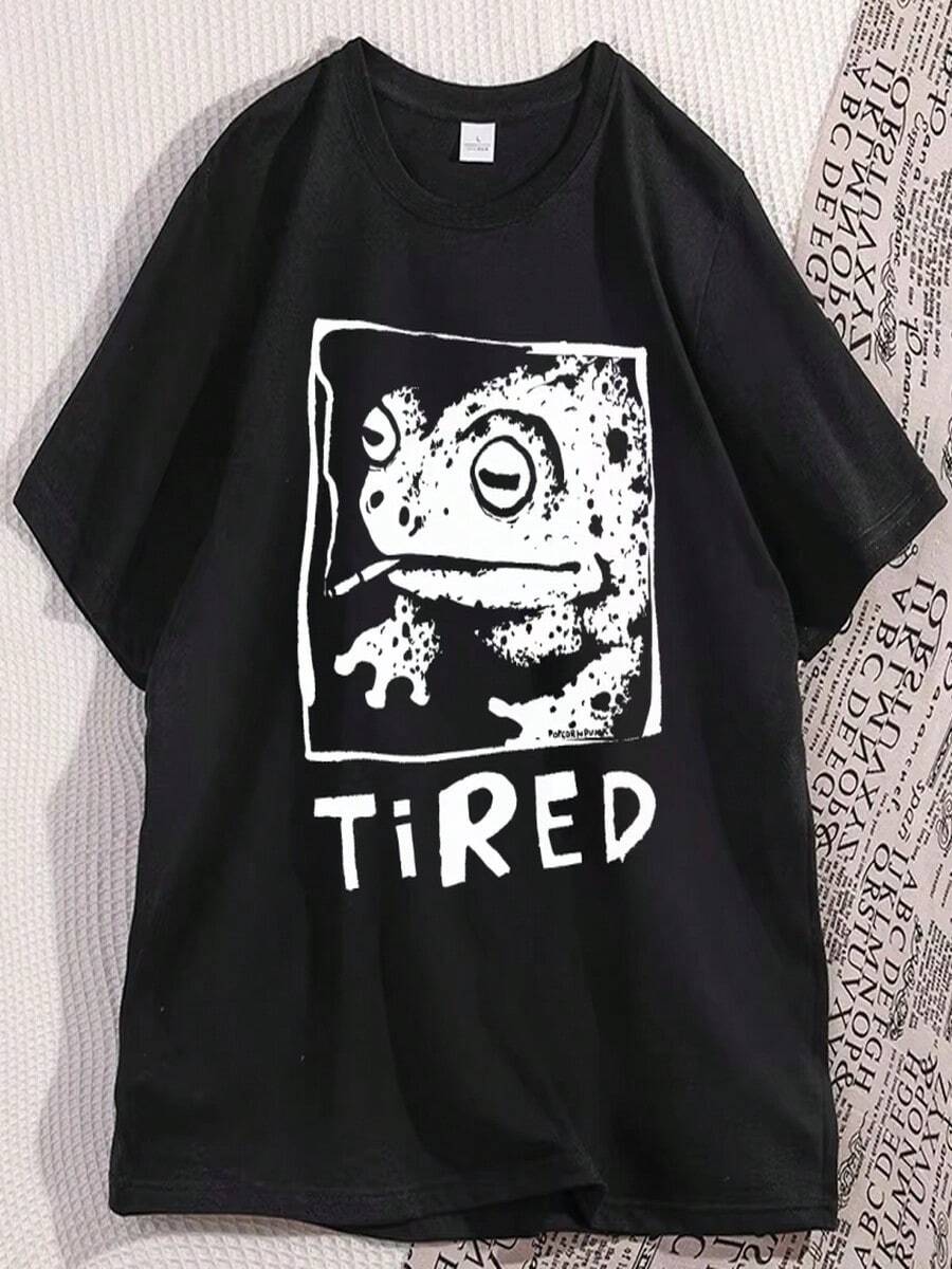 Camiseta divertida y con estampado de ranas cansadas para hombre y mujer, camiseta informal de manga corta de algodón puro estampado, cuello redondo estilo urbano, camiseta gráfica, ropa. - Negro - Ver 1