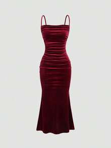 YHHSweetra Vestido casual de vacaciones de unicolor con tirantes de espagueti, fruncido y ajustado, para fiestas de Año Nuevo y vacaciones, vestido largo de terciopelo burdeos para mujerYHH - Burdeos - Ver 6